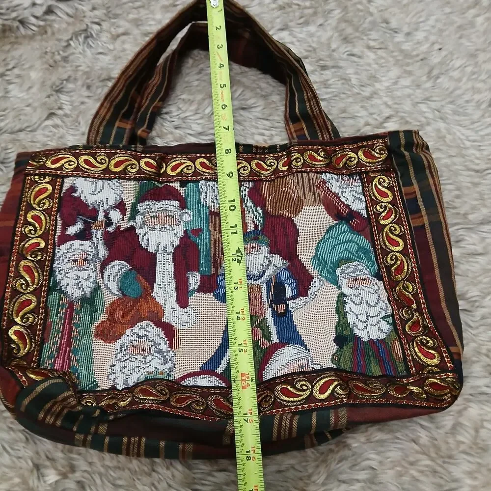 Vintage Tapestry Christmas Santa Tote Bag Holiday Plaid Striped Fabric Hook Loop